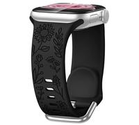 Rainway Floral Engraved Strap Compatible with Apple Watch Straps 42mm 44mm 45mm 46mm 49mm for Women,Cute Sunflower Engraved Silicone Sport Band for iWatch Series 11 10 9 8 7 6 5 4 3 2 1 SE Ultra,Black