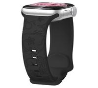 Rainway Floral Engraved Strap Compatible with Apple Watch Straps 42mm 44mm 45mm 46mm 49mm for Women, Silicone Sport Cute Flower Engraved Band for iWatch Series 11 10 9 8 7 6 5 4 3 2 1 SE Ultra, Black