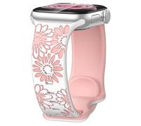 Rainway Floral Engraved Strap Compatible with Apple Watch Straps 42mm 44mm 45mm 46mm 49mm for Women,Two-Tone Flower Silicone Sport Band for iWatch Series 11 10 9 8 7 6 5 4 3 2 1 SE Ultra, White/Pink