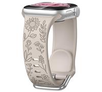 Rainway Floral Engraved Strap Compatible with Apple Watch Straps 44mm 45mm 46mm 49mm for Women, Cute Sunflower Engraved Silicone Sport Band for iWatch Series 11 10 9 8 7 6 5 4 3 2 1 SE Ultra,Starlight