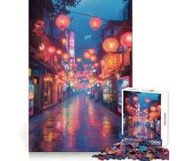 Rainy Asian Street with Lanterns Jigsaw Puzzles 1000 Piece for Adults Intellect Toy Calm Relax Precise Cut Santa Wish Item (38x26cm)