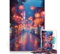 Rainy Asian Street with Lanterns Jigsaw Puzzles for Adults 1000 Piece Smart Game Relaxing Fun Pattern Assembly Cherished Gift (38x52cm)