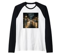 Rainy City Night Street Lights Urban Road Scene Raglan Baseball Tee