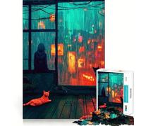 Rainy City View with Cats Jigsaw Puzzles for Adults1000 Pieces Smart Game Quiet Calm Pattern Assembly Amazing Present (38x26cm)