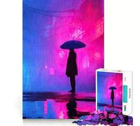 Rainy Cityscape with Figure And Umbrella Jigsaw Puzzles for Adults1000 Piece Brain Teaser Home Leisure Image Assembly Birthday Gift (50x75cm)