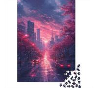 Rainy Cityscape with Pink Lights 1000-Piece Puzzle for Adults, 70x50cm/1000pcs, Clean White Card Pieces for Sorting; for Quiet Downtime Without A Screen