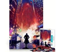 Rainy Cityscape with Red Glow Jigsaw Puzzle for Adults 1000 Pieces Memory Boost Group Play Pattern Assembly Xmas Surprise (38x26cm)