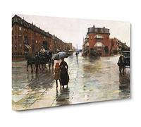 Rainy Day, Boston By Childe Hassam Classic Painting Canvas Wall Art Print Ready to Hang, Framed Picture for Living Room Bedroom Home Office Décor, 30x20 Inch (76x50 cm)