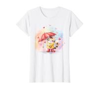 Rainy Day Calico Cat Kawaii Watercolor Umbrella GIF Value Graphic T-Shirt, Women, White, S