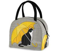 Rainy Day Cat with Yellow Umbrella Reusable Lunch Tote Bag with Front Pocket Insulated Thermal Cooler Container Bag for Back to School Work Picnic Travel Fishing Beach