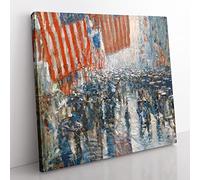 Rainy Day on Fifth Avenue by Childe Hassam Classic Painting Canvas Wall Art Print Ready to Hang, Framed Picture for Living Room Bedroom Home Office Décor, 35x35 cm (14x14 Inch)