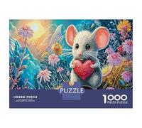 Rainy Mouse Paperboard Mouse Holding Heart in Flowers Classic Jigsaw Puzzle Beginner Friendly Mind Stimulating 52x38cm/1000pcs