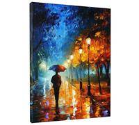 Rainy Night Canvas Wall Art, Blue and Orange Park Scenery, Autumn Night Walk Painting, Impressionist Art Home Decor For Living Room, Bedroom, Hallway, Waterproof 16x20 Inch