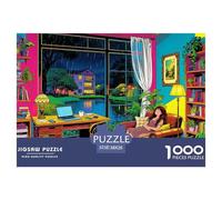 Rainy Night Room Jigsaw Puzzles Puzzle for Adults Kids. 1000 Piece Resting Girl Cat Impossible Challenge Toy Educational Games Home Decoration for Adults& Kids Age 14 Years Up 38x26cm/1000pcs