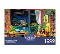 Rainy Night Room Jigsaw Puzzles Puzzle for Adults Kids. 1000 Pieces Resting Girl Cat Impossible Challenge Toy Educational Games Home Decoration for Adults& Kids Age 14 Years Up 38x26cm/1000pcs