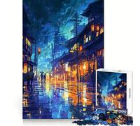 Rainy Night Street Scene Jigsaw Puzzle for Adults 1000 Pieces Memory Boost Group Play Pattern Assembly Xmas Surprise (38x52cm)