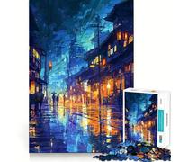 Rainy Night Street Scene Jigsaw Puzzle for Adults 1000 Pieces Memory Boost Group Play Pattern Assembly Xmas Surprise (38x52cm)