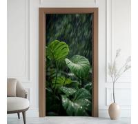Rainy Scene Monstera Door Stickers Peel and Stick Tropical Jungle Plant Sticker Art Door Wallpaper, DIY Self-Adhesive Green Stripe Line Stickers, Waterproof Removable Vinyl Door Mural, 80x215 cm