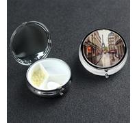 Rainy Street in Paris Pill Box 3 Compartment Waterproof Pill Container with Mirror Metal Medicine Box Organizer Portable Vitamin Case for Pocket & Purse Travel - Round
