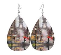 Rainy Street In Paris Print Faux Leather Dangle Earrings Teardrop