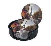Rainy Street in Paris Print Leather Coasters for Drinks Drink Coasters Set Cup Mat with Holder for for Hot Or Cold Drinks Set of 6