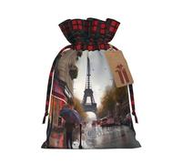 Rainy Street in Paris -Print Multi-Colored Burlap Drawstring Bags, Eco-Friendly Plaid Pouches For Wedding Party Favors & Custom Packaging. S