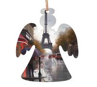 Rainy Street in Paris Printed Angel Shape Christmas Tree Pendants 2 Pcs, Lanyards Home Holiday Xmas New Year Party Decorations