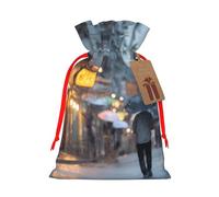 Rainy Street Scenes Gift Bag - Festive Full-Print Drawstring Pouch For Holiday, Birthday & Party Presents - Reusable Eco-Friendly Gift Packaging