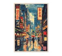 Rainy Tokyo Anime Woodblock Poster Print, Cartoon Manga Edo Aesthetic Wall Art Japanese Wall Art Bedroom Home Decor, A2 (Print Only) - 59.4x42cm