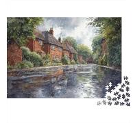 Rainy Village Scene 1000-Piece Puzzle for Adults, 52x38cm/1000pcs, Family Table Time Without A Screen; White Card Pieces for Tidy Handling