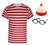 RAIS Men’s Nerd Geek Costume 3-Piece Set Including Red & White Striped T-shirt Glasses and Hat Fancy Dress Halloween World Book Day Costume (Large)