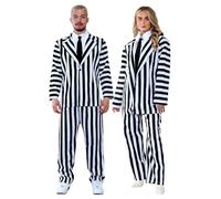 RAIS Unisex Adult Beetle-juice Black & White Trickster Suit 4-Piece Costume Set Includes tie, pants, jacket, and collar - Horror Scary Halloween Ghost Outfit M-XL