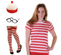 RAIS Women’s Nerd G ostume 4-Piece Set Including Red & White Striped T-shirt Glasses, Socks and Hat Fancy Dress Halloween World Book Day Costume (XXL)