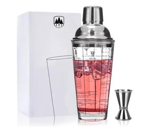 Raisaplin 14 oz Crystal Glass Cocktail Shaker - Features Double Sided Shaker, Leak Proof Metal Steel Lid with Strainer, Handy Recipe Printed on The Side, for Martini, Margarita, Beginner Drink Making