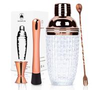 Raisaplin 4 Pcs Cocktail Shaker Set - Ideal for Home Bar, Mixing Drinks with Glass Shaker, 10" Cocktail Spoon, Double Jigger and Extra Long Drink Muddler for Martini, Whiskey, Wine - Rose Gold