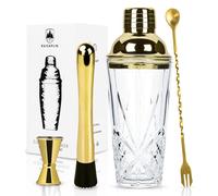 Raisaplin 4 Pcs Cocktail Shaker Set - Mini Home Bar Bartender Set, Tools for Mixing Drinks Including Glass Shaker, 10" Cocktail Spoon, Double Jigger and Extra Long Drink Muddler - Gold