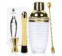 Raisaplin Stainless Steel 4 - Piece Cocktail Set - Mini Home Bar Bartender Set, Tools for Mixing Drinks Including Glass Shaker, Extra Long Drink Muddler, 10" Cocktail Spoon and Double Jigger - Gold