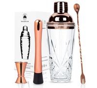 Raisaplin Stainless Steel 4 - Piece Cocktail Set - Mini Home Bar Bartender Set, Tools for Mixing Drinks Including Glass Shaker, 10" Cocktail Spoon, Extra Long Drink Muddler, Double Jigger - Rose Gold
