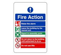 Raise The Alarm Leave The Building - safety sign - 1.2mm Rigid plastic for indoor/outdoor usage (300mm x 200mm) Viewing Distance within 7m.