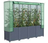 Raised Bed Dark Grey Rattan-Look 160x40x153cm PP/PE Iron Frame Green Net Garden
