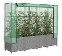 Raised Bed Light Grey 160x40x138cm PP Rattan Look with Green PE Net Cover Zipped