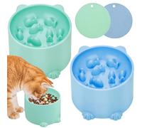 Raised Cat Bowl, 2 PCS Raised Slow Feeder Cat Bowls, Plastic Elevated Cat Slow Feeder Bowl with Anti Skid Mat for Neck Support - Ergonomic Plastic Feeding Bowls(Blue, Green)