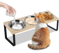 Raised Cat Bowl, 3PCS Stainless Steel Cat Bowls with 15° Stand Tilted, Cat Food Station for Food and Water, Anti Vomiting, Elevated Cat Feeding Bowl with Bamboo Base for Cats, Puppy and Small Dogs