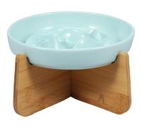 Raised Cat Bowl Ceramic Dog Bowl Cat Food Water Bowls with Wood Stand Ceramic Raised 6.4×1.14 Inch Anti Vomiting Cat Food(Light Green)