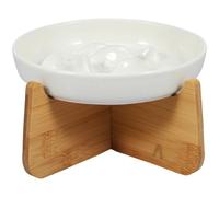 Raised Cat Bowl Ceramic Dog Bowl Cat Food Water Bowls with Wood Stand Ceramic Raised 6.4×1.14 Inch Anti Vomiting Cat Food(White)