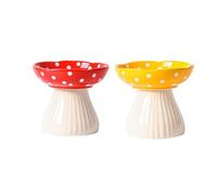 Raised Cat Bowl, Cute Mushroom Cat Water Bowl, Elevated Cat Food Bowl, Ceramic Cat Bowls for Food and Water, Wide Shallow Cat Food Dish, Whisker Fatigue 2pcs (Red&yellow)