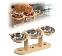 Raised Cat Bowl, Feeding Station Cat with 3 Stainless Steel Bowls, Raised Feeding Bowl with Wooden Stand, Feeding Bowl and Water Bowl Set for Cats, Puppies and Small Dogs, for Wet and Dry Food