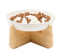 Raised Cat Bowl, Raised Cat Slow Feeder Ceramic Elevated Bowl Anti-Gulping Anti Vomiting, with Wooden Stand, Cat Food Bowl Eating Interactive for Puppies Kittens (White)