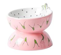 Raised Cat Bowl with Stand, Cute Dragon Fruit Elevated Ceramic Cat Food Bowl, Anti Vomit Tilted Pet Feeder, Anti Whisker Fatigue Neck Protective Shallow Kitten Dish, Dishwasher Safe (Pink)
