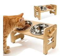 Raised Cat Bowl with Stand, Set of 2, Feeding Bowl, Stainless Steel, Height Adjustable and Tilted, Feeding Bowl and Water Bowl, Feeding Station for Cats and Small Dogs, Dog Bowl with Wooden Holder